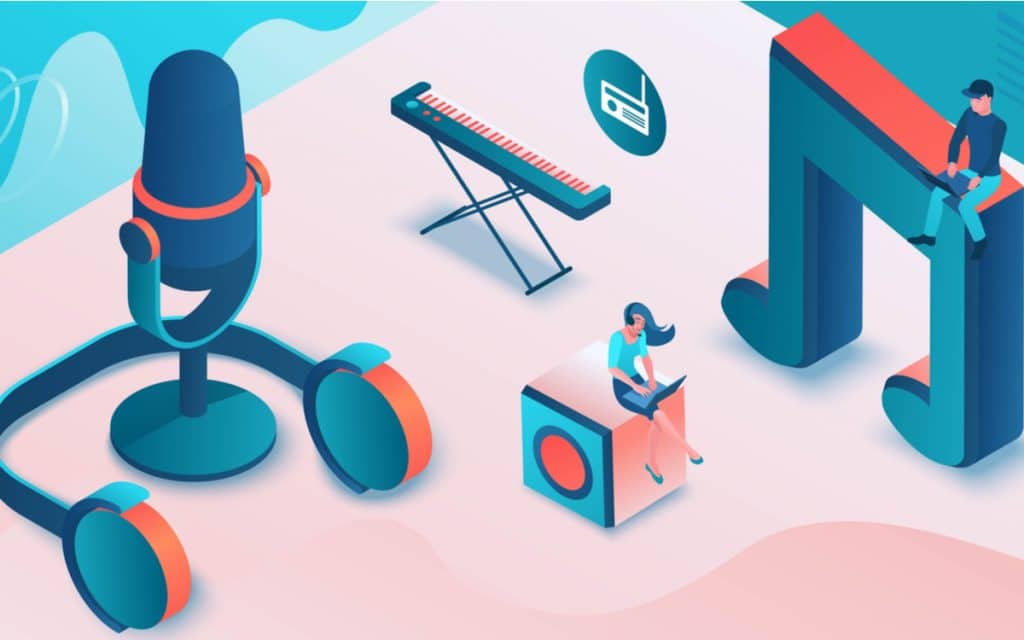 Ilustração mostra ícones que representam o mercado musical, como teclado, microfone e notas musicais