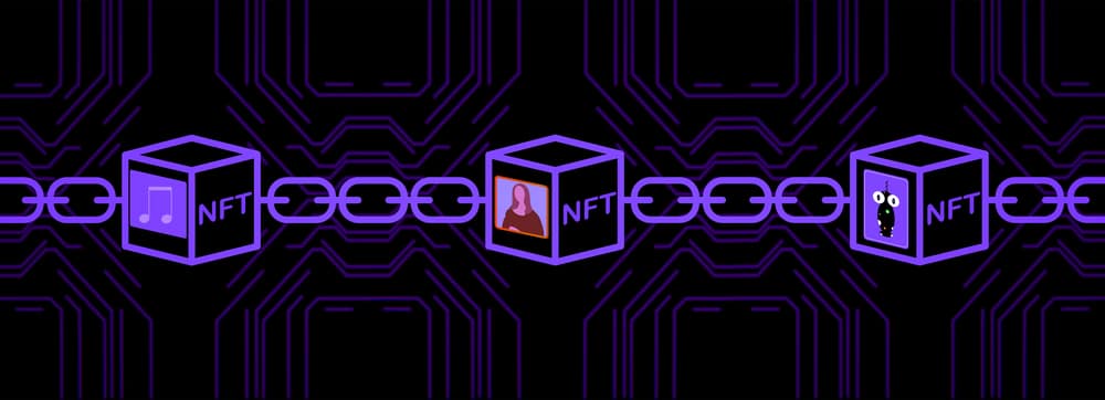 Ilustração de uma cadeia de NFT, com coisas que o non fungible-token pode autenticar, como obras de arte e música