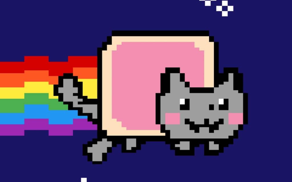 Ilustração do meme do gato conhecido como Nyan Cat, vendido como NFT, feito em pixel arte, representa um gato com um rastro de arco-íris