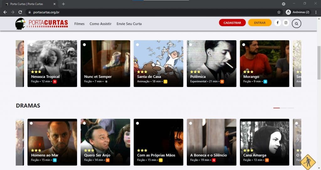 Acervo de filmes online do site Porta Curtas
