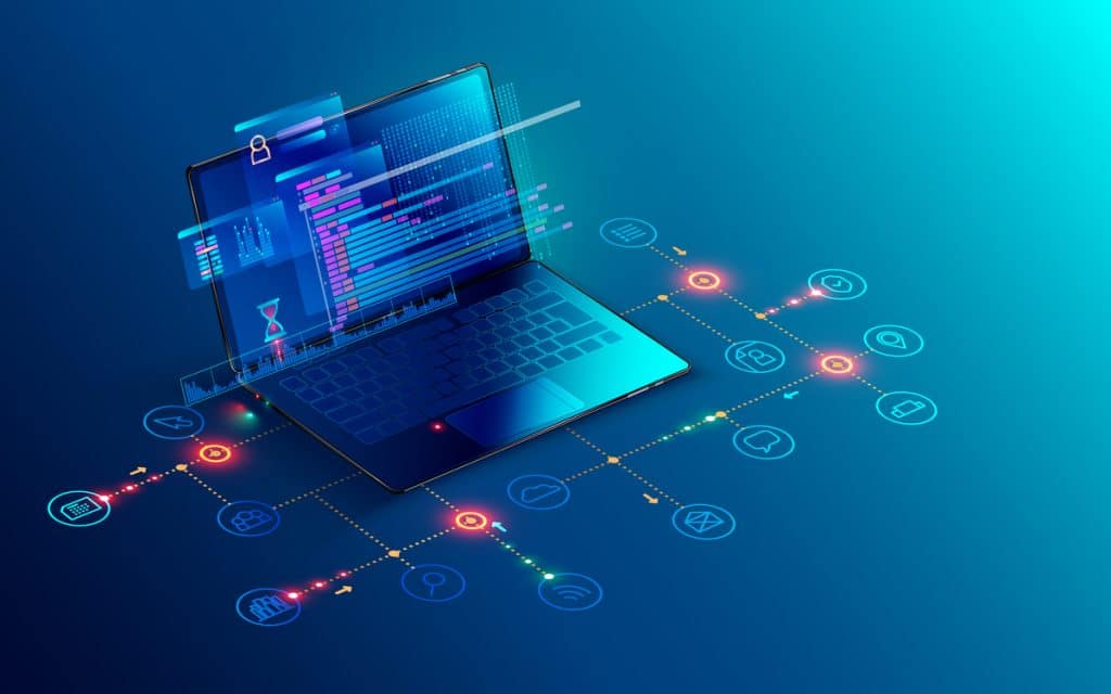 Ilustração sobre tecnologia, com um notebook desenhado sobre uma superfície azul