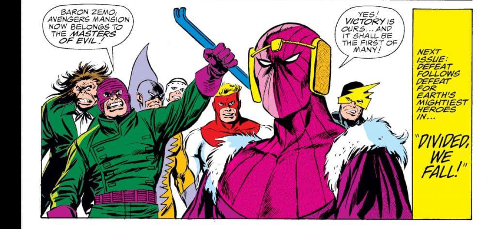 Barão Zemo lidera o grupo de super-vilões Mestres do Terror, em 'Avengers #273', publicada em novembro de 1983. Imagem: Marvel Comics/Reprodução