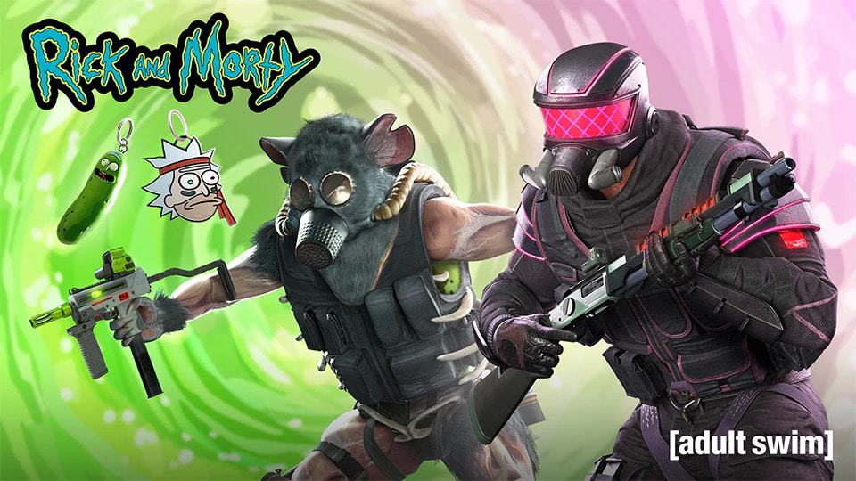 As novas skins do crossover entre 'Rick and Morty' e 'Rainbow Six Siege'. Imagem: Ubisoft/Divulgação