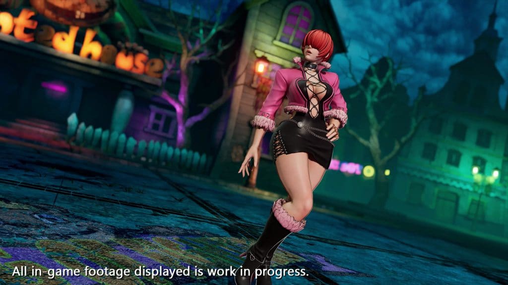 A personagem Shermie, de The King of Fighters, faz pose vestindo blusa de manga comprida cor de rosa e saia justa curta, na cor preta
