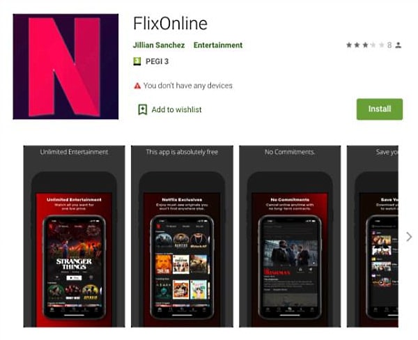 Captura de imagem do FlixOnline, um falso app de Android que prometia "Netflix de graça", mas na verdade era um malware que roubava informações privadas