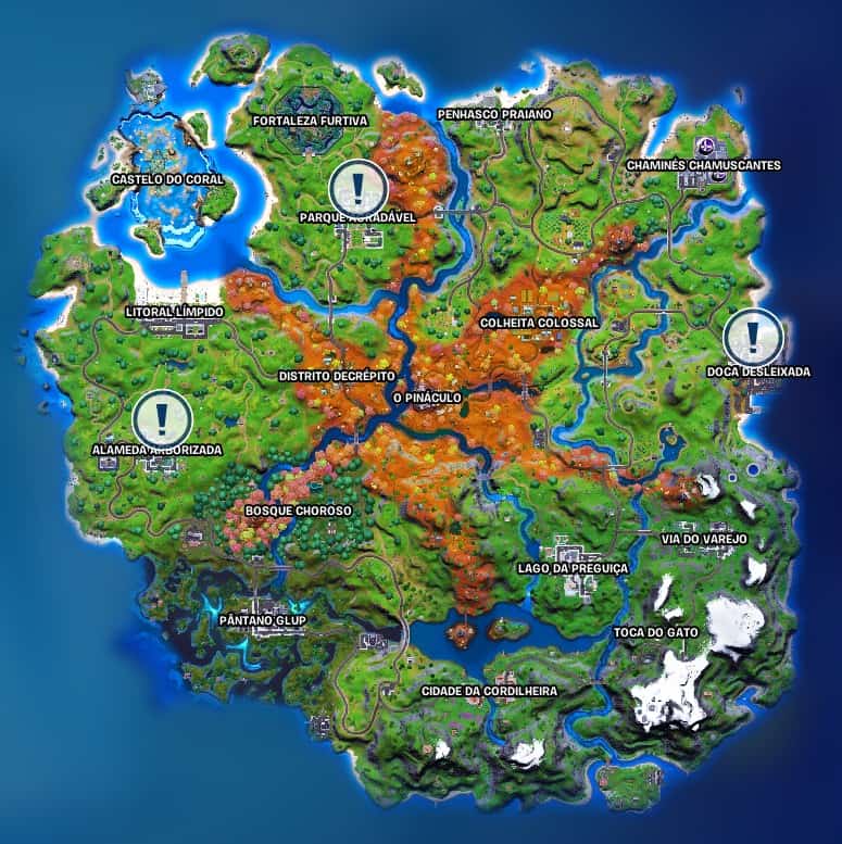 Localização dos três novos NPCs que fazem parte das Tarefas de Neymar Jr. em 'Fortnite'. Imagem: Epic Games/Reprodução