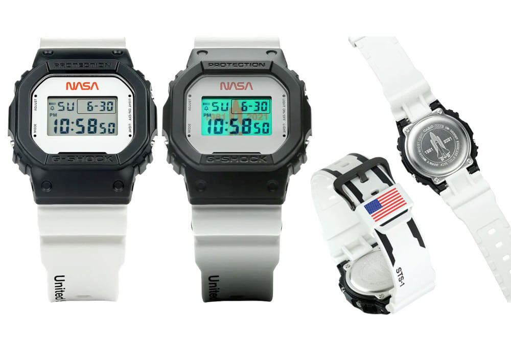 Imagens do Casio G-Shock DW5600NASA21-1, mostrando os vários detalhes que remetem aos ônibus espaciais