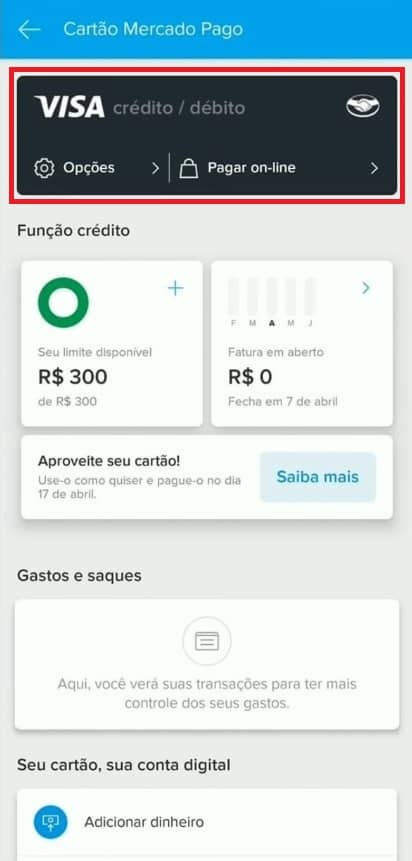 Cartão de crédito Mercado Pago habilitado em aplicativo