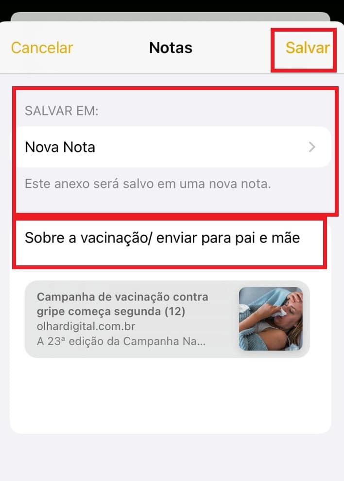 Como salvar links do Safari no app de Notas do Iphone. Imagem: Olhar Digital