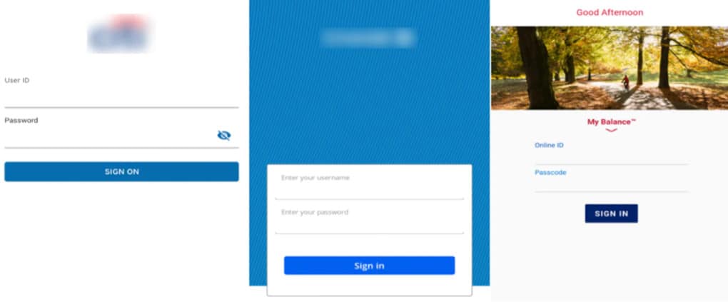 Falsas telas de login de bancos dos EUA geradas pelo BRATA. Imagem: McAfee