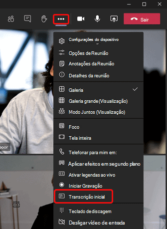 Opção de transcrição no Microsoft Teams