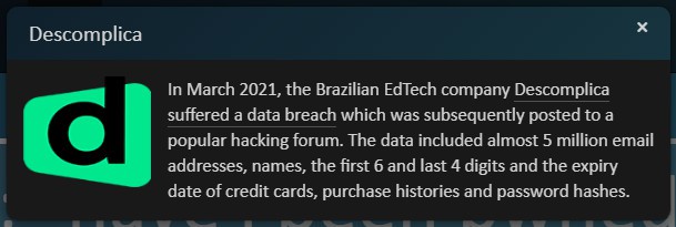 Alerta sobre o vazamento do Descomplica publicado no site Have I Been Pwned
