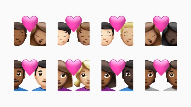 Emoji de casais no iOS 14.5, mostrando a possibilidade de atribuir uma cor de pele diferente para cada pessoa