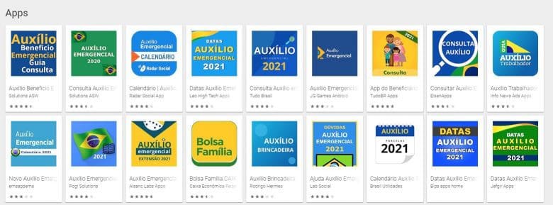 Alguns dos muitos apps que prometem consulta ao Auxílio Emergencial. Imagem: Kaspersky