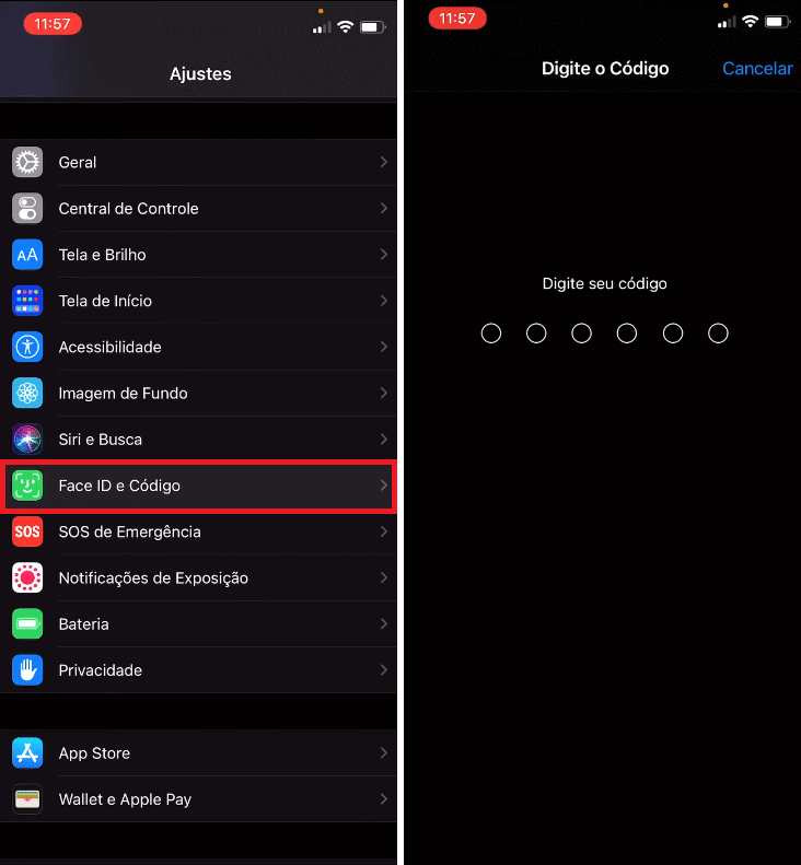 Entrando na seção "Face ID e Código"