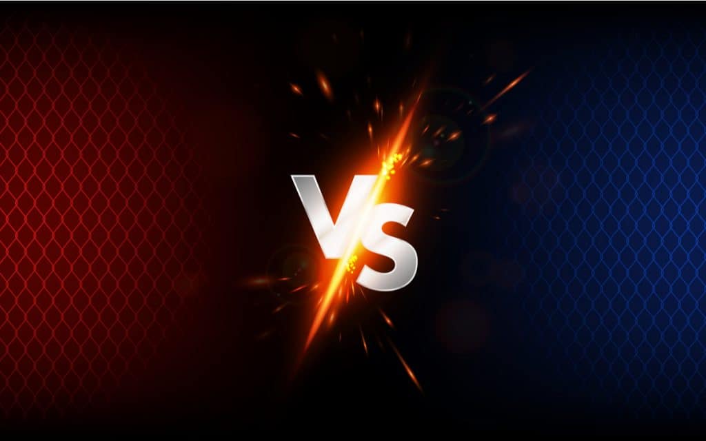 Imagem com fundo metade azul e metade vermelho, ao centro pode-se ler VS, acrônimo para versus