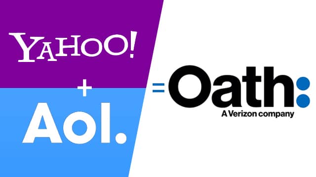 Montagem de logomarcas da Verizon posiciona de um lado Yahoo e AOL, e do outro, a Oath.
