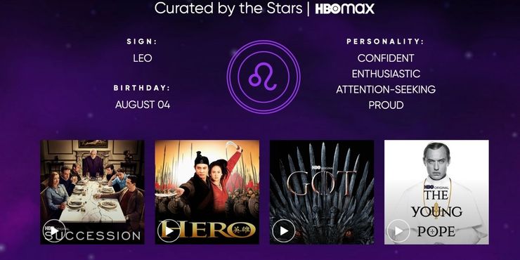 HBO Max faz recomendações de filmes e séries com base em seu signo. Imagem: HBO Max/Reprodução