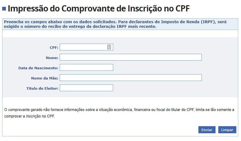 Impressão do comprovante de inscrição no CPF versão simplificada
