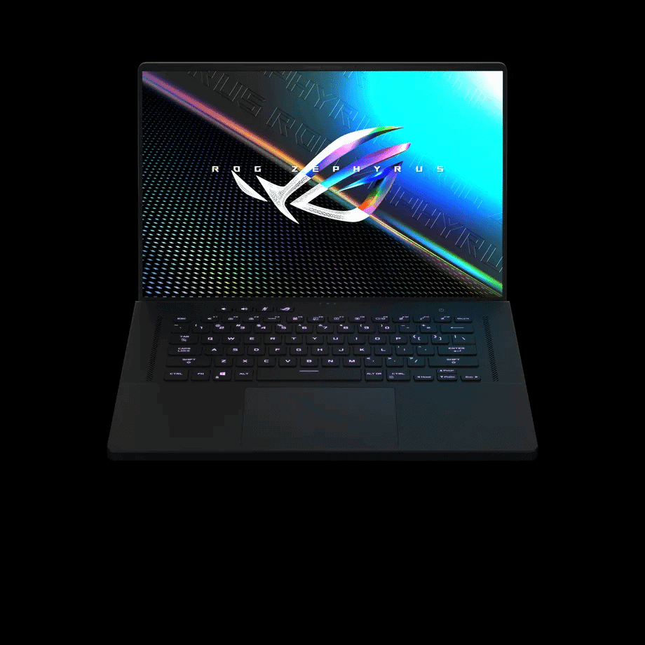Imagem mostra o notebook Zephyrus M16, da Asus, com a tampa aberta e a logomarca "Republic of Gamers" exibida na tela