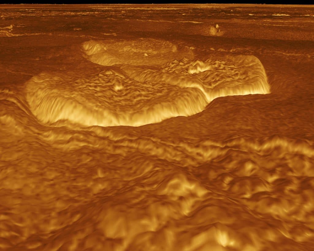 Vista em 3D da borda leste de Alpha Regio em Vênus