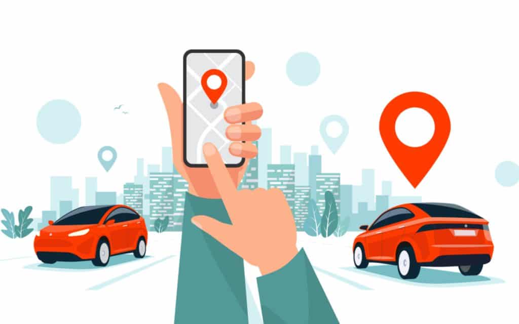 Ilustração mostra o desenho de dois carros e, no centro, uma mão segurando um celular e solicitando uma corrida por meio de aplicativo de compartilhamento de carros