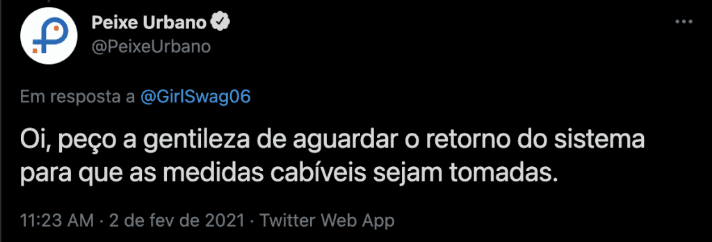 Imagem mostra um print de uma publicação do site Peixe Urbano no Twitter.