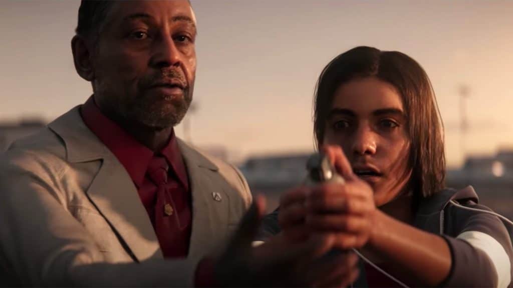 Os personagens de Giancarlo Esposito e Anthony Gonzalez em cena de Far Cry 6.