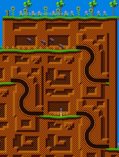 Imagem exibe diferentes caminhos na primeira fase de Sonic the hedgehog.