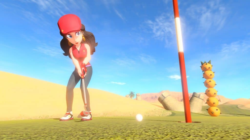 Tela do jogo mostra personagem Pauline no campo Balmy Dunes.