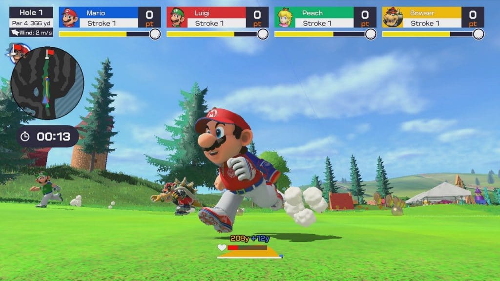 Tela do jogo mostra Mario e outros personagens correndo em campo de golfe.