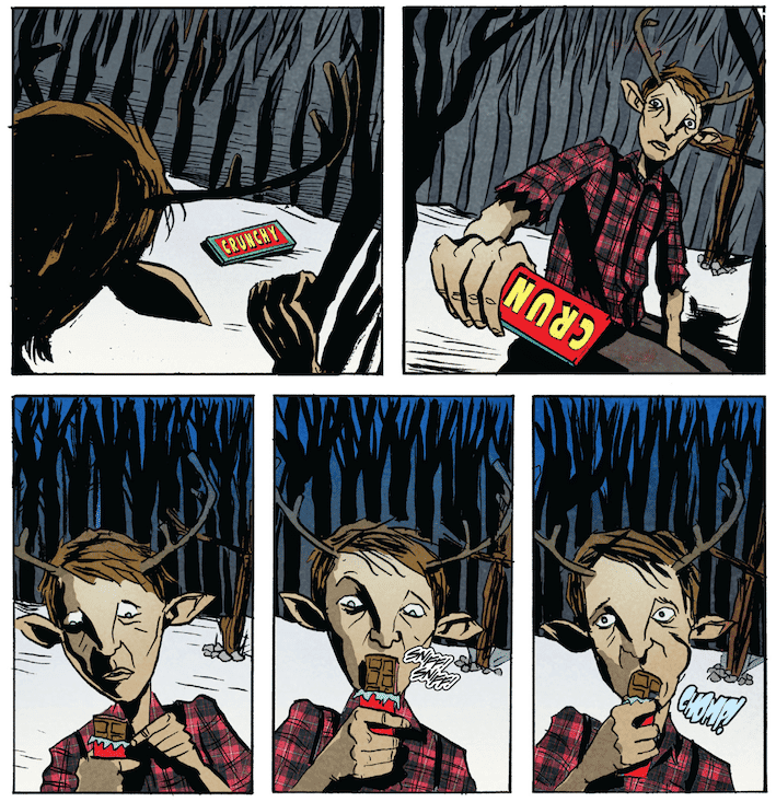 Gus, o protagonista de Sweet Tooth, come uma barra de chocolate em sequência de quadrinhos.