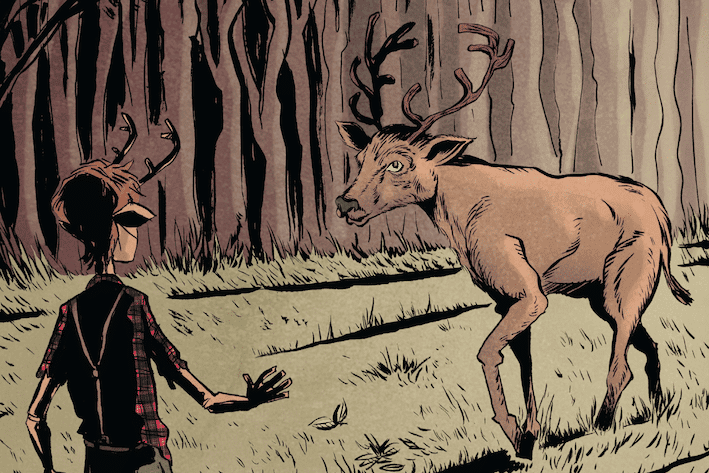 Gus, o protagonista de Sweet Tooth, encara alce.