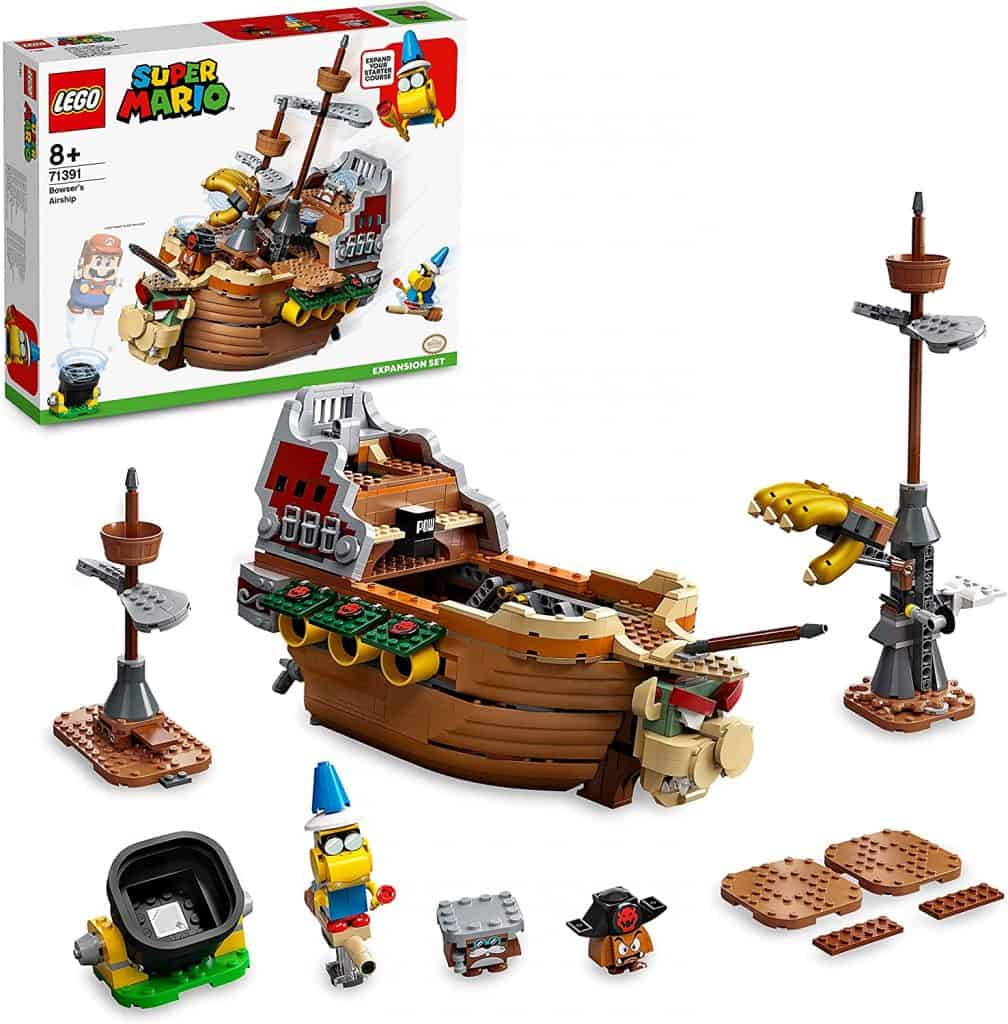 Imagem exibe detalhes do kit de Lego Super Mario com o navio voador de Bowser.