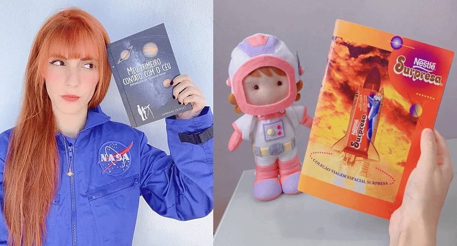 Lorrane segurando seu primeiro livro (à esquerda) e o livrinho que despertou seu interesse pela Astronomia (à direita)