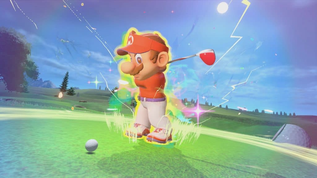 Tela do jogo mostra Mario prestes a dar tacada com efeito de power-up