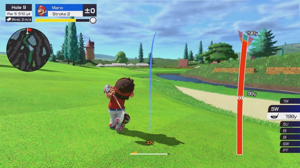 Captura de tela do jogo mostra Mario realizando tacada em campo de golfe.