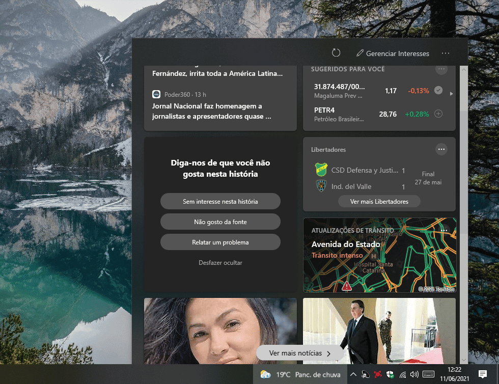 Refinando a exibição de notícias no widget do Windows 10