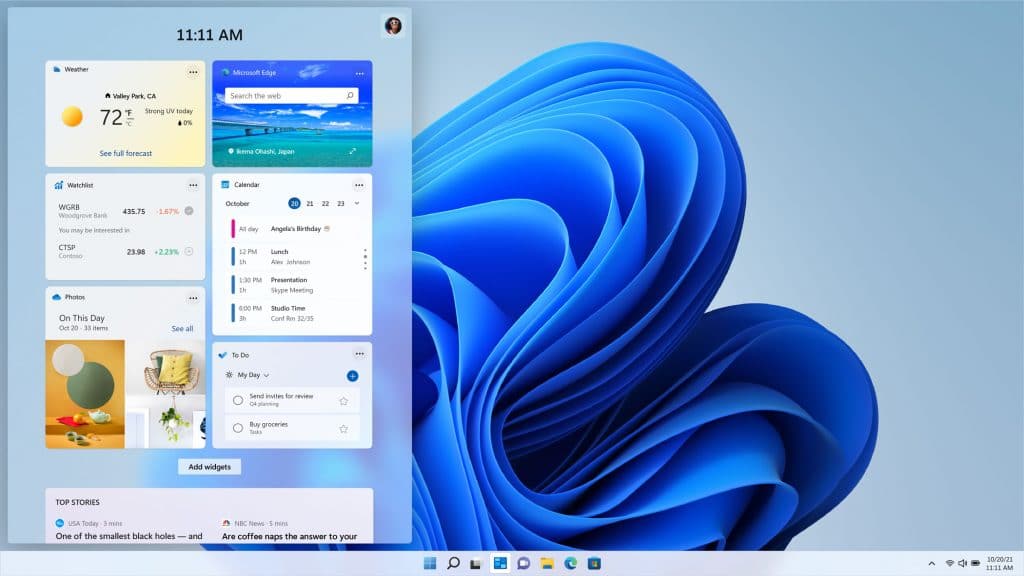Imagem da tela de widgets do Windows 11, que alimenta especulações de sua chegada em outubro de 2021