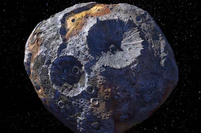 Renderização em 3D mostra o asteróide 16 Psyche, que pode ter uma origem diferente daquela que cientistas imaginaram