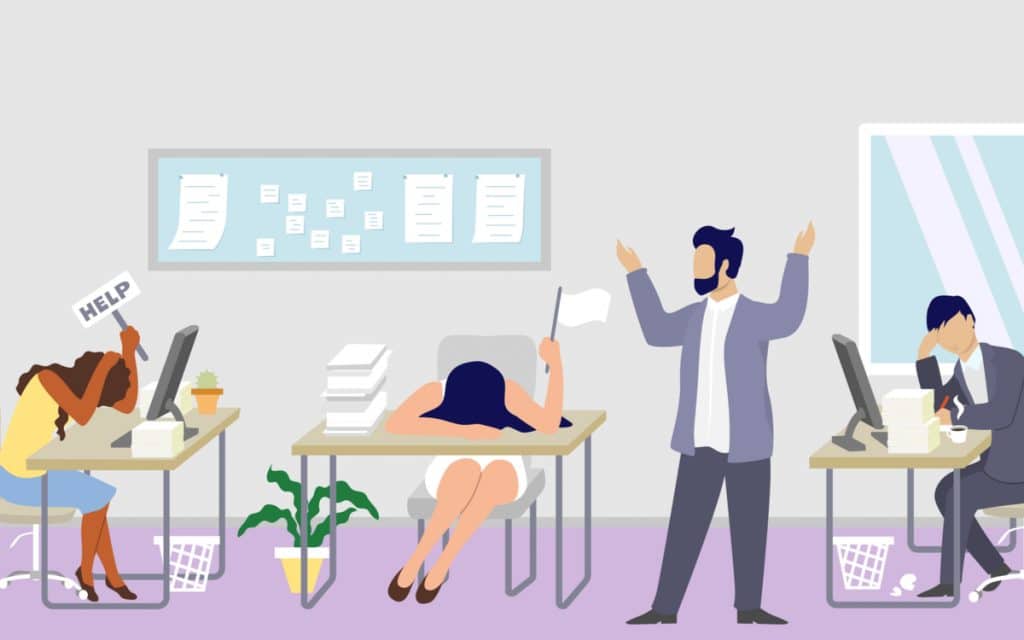 Ilustração de um ambiente de trabalho, onde há funcionários suas mesas, fazendo gestos que demonstram cansaço e estafa