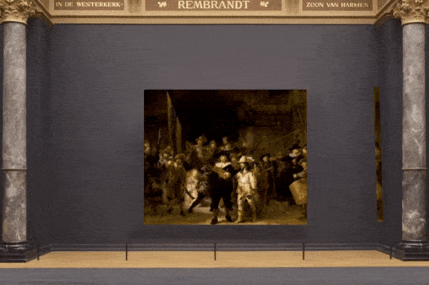 Imagem mostra a pintura do estilo barroco "A Ronda Noturna", restaurada e ampliada por inteligência artificial