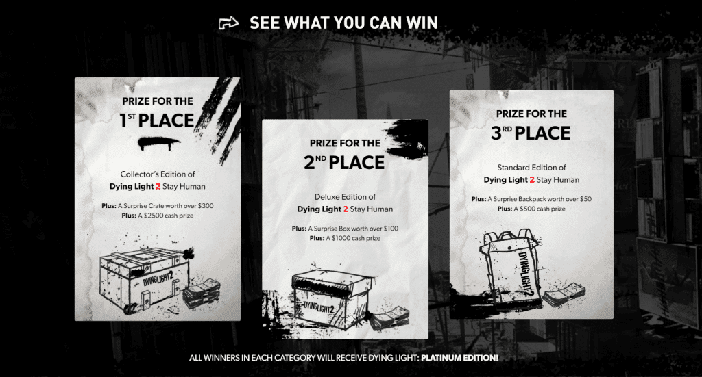 Prêmio de 'Dying Light 2 Stay Human User Contest' podem ser em dinheiro ou em cópias antecipadas do jogo. Imagem: Techland/Divulgação