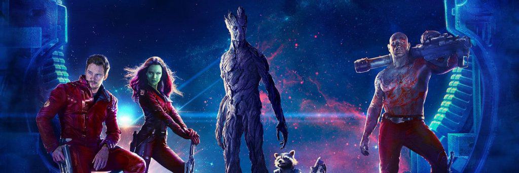 Imagem mostra a equipe dos Guardiões da Galáxia, formada por Peter Quill, Gamora, Groot, Rocky e Drax.