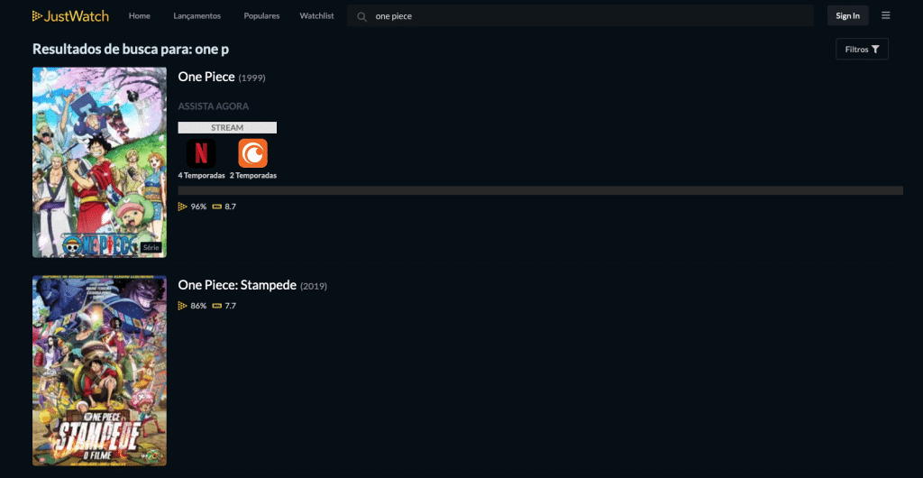 Captura de tela mostra resultado das buscas por 'One Piece' na plataforma