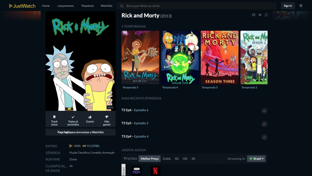 Captura de tela mostra resuktados da busca por 'Rick and Morty' no JustWatch