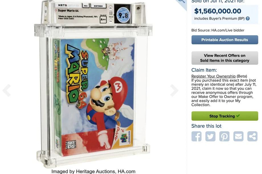 Um cartucho do clássico 'Super Mario 64' da Nintendo estabeleceu um recorde mundial ao ser vendido em leilão por US$ 1,56 milhão. Imagem: Handout / Heritage Auctions