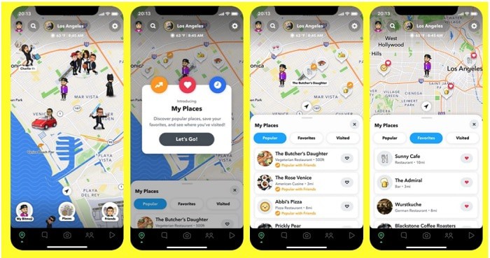 Snapchat adiciona “Meus Lugares” ao Snap Map para usuários recomendarem e conhecerem novos lugares. Imagem: Reprodução/Snapchat