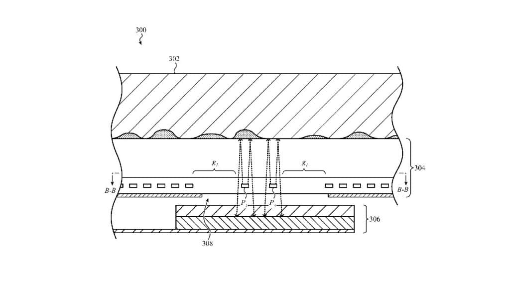 Imagem que mostra como a Apple pode vir a adotar patente tecnologia sob tela para uso do FaceID e TouchID em gerações futuras do iPhone. Imagem: USPTO/Reprodução
