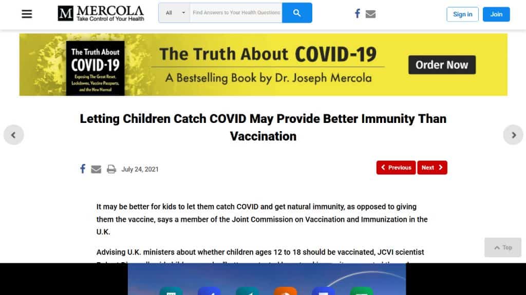 Captura de imagem feita do site de Joseph Mercola mostra artigo intitulado "Deixar Crianças pegarem Covid-19 pode trazer mais imunidade do que a vacinação"